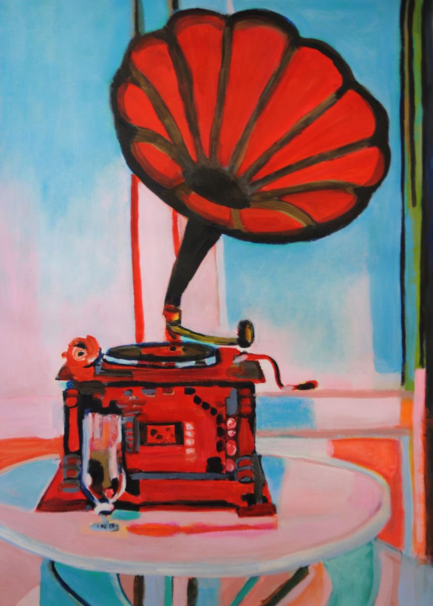 Surrealistic Still Life Acrylic Painting By Alexandra Djokic, 20 X 28, Old Gramophone, Original Artwork