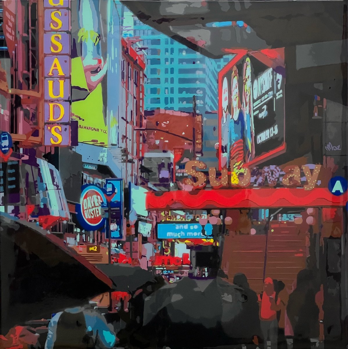 Photorealistic Cityscapes Painting By Marco Barberio, 19 X 19", Rainy New York Street #5, Original Artwork