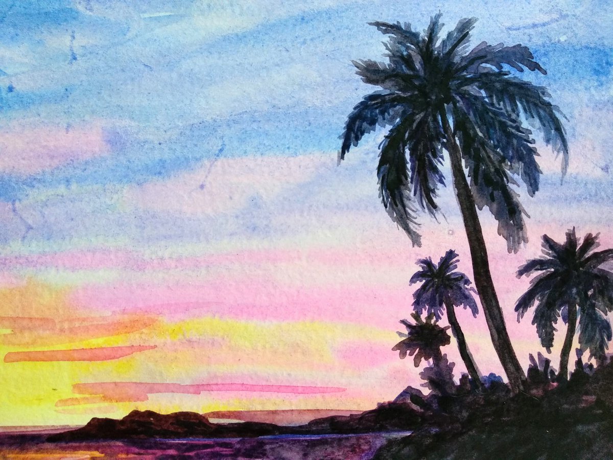 How to paint a sunset with palm trees in watercolor 