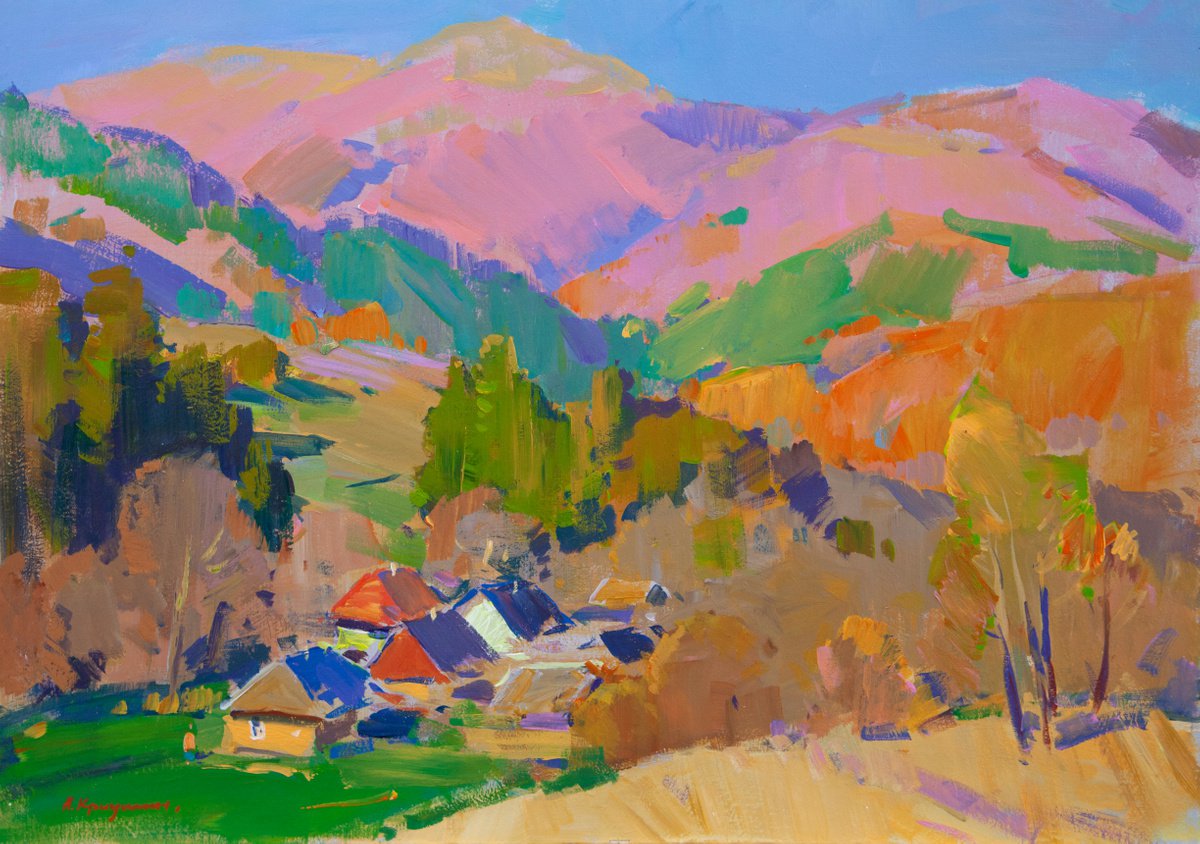 Impressionistic Landscape Acrylic Painting By Aleksandr Kryushyn, 26 X 18, Warm Autumn In The Carpathians, Original Artwork