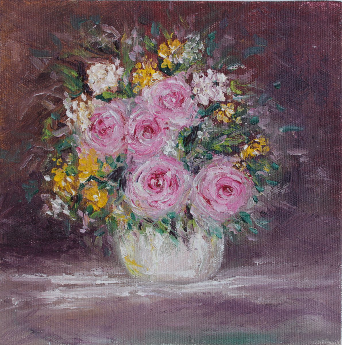 Pink and yellow flowers in vase original oil painting, impasto painting, online impressionist style, flower painting, flower art, gifts for her