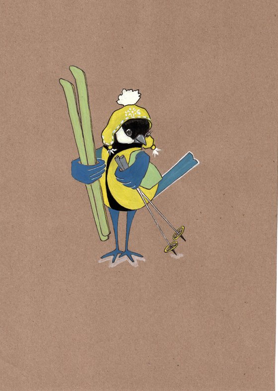 Bird portrait of a titmouse in a sports hat and with skis - Gift idea for bird lover