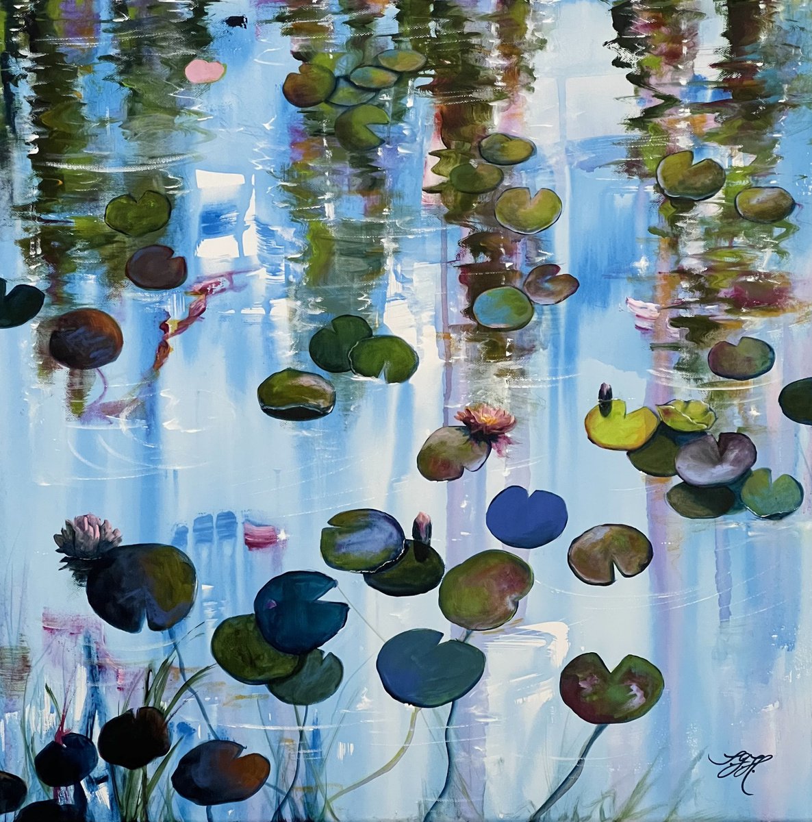 Impressionistic Landscape Acrylic Painting By Sandra Gebhardt-Hoepfner, 24 X 24", I Love Waterlilies 9, Original Artwork
