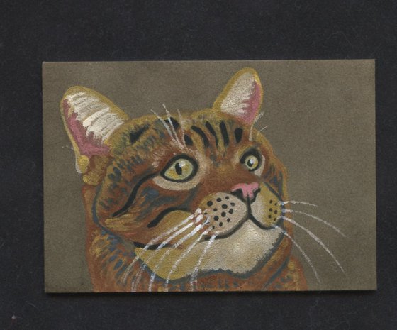 ACEO ATC Original Miniature Suede Board Painting Tabby Cat Pet Feline Art-Carla Smale