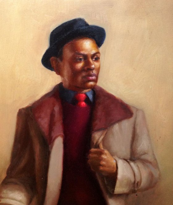 African-American man in the coat and hat. Original oil painting. Figure painting. Oil portrait. 20*24in