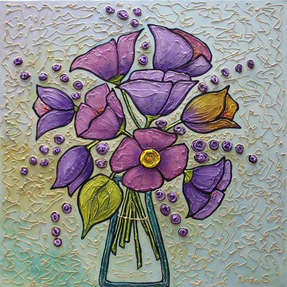 Purple Tulips Painting, Bouquet of Flowers, Modern Textured Floral Art