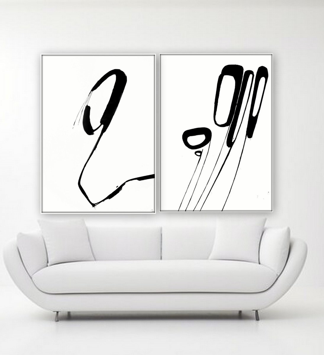 Abstract Ink Drawing By Nadia Moniatis, 21 X 29", Abstract Artwork. Set Of 2., Original Artwork