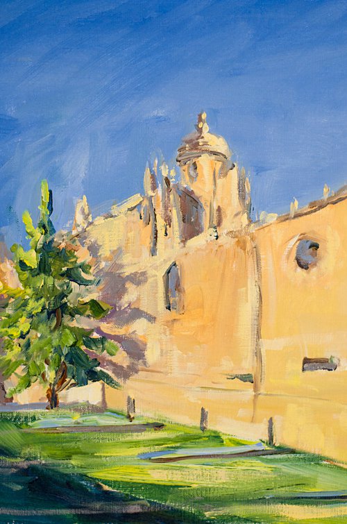 Salamanca. View of the Cathedral Original oil. Small original sunny architecture spain yellow urban old town by Sasha Romm