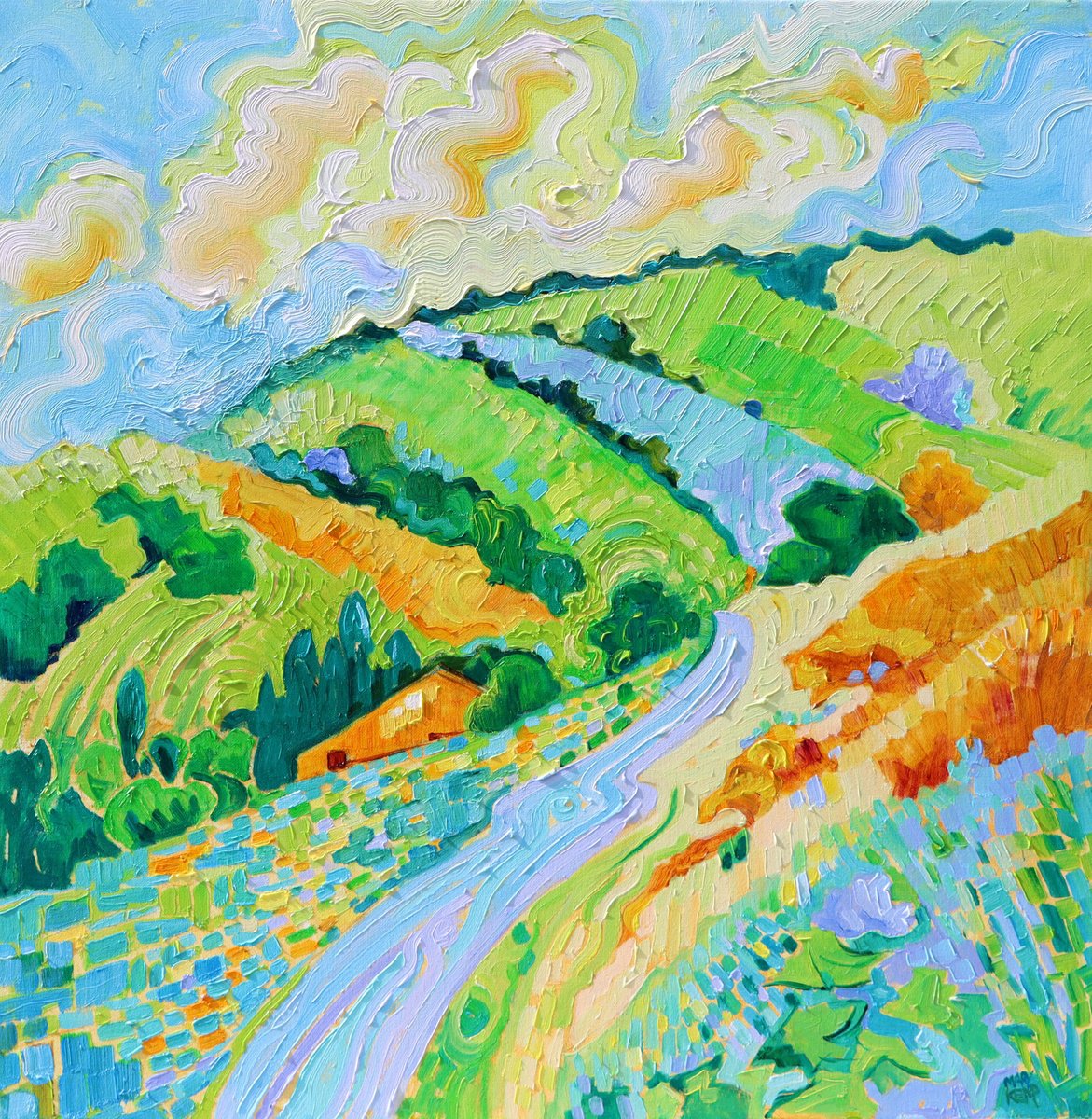 Impressionistic Landscape Oil Painting By Mary Kemp, 20 X 20", Rolling Hills Derbyshire, Original Artwork