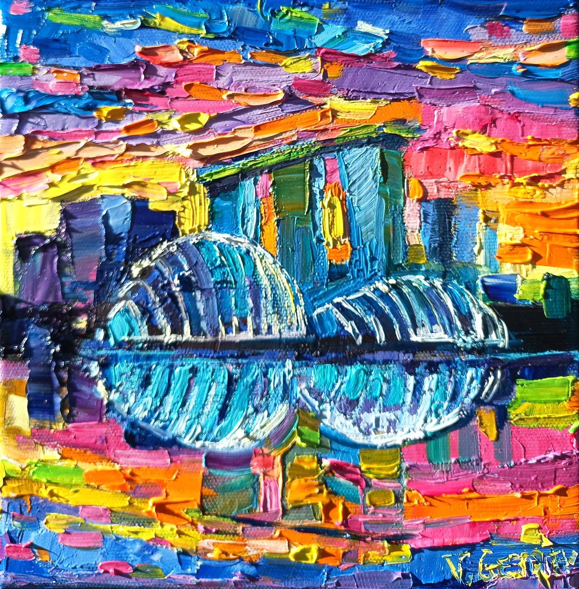 Expressive Cityscapes Oil Painting By Vanya Georgieva, 8 X 8", Art Gift Box - Singapore Skyline, Original Artwork