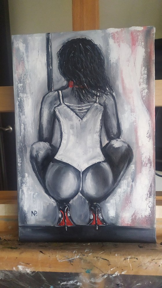 Erotic dance, nude black and white gestural girl oil painting, gift idea