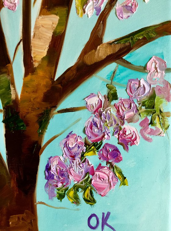 Apple blossom , spring in London pink, white, turquoise 61x71cm ready to hang oil painting