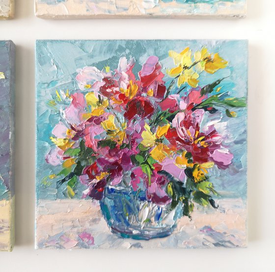 Bright flowers in vase. Impressionist bouquet, Small floral oil painting