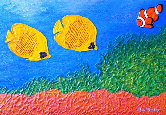 Reef - Original, unique, impressionistic impasto painting, aquatic seascape featuring reef and fish
