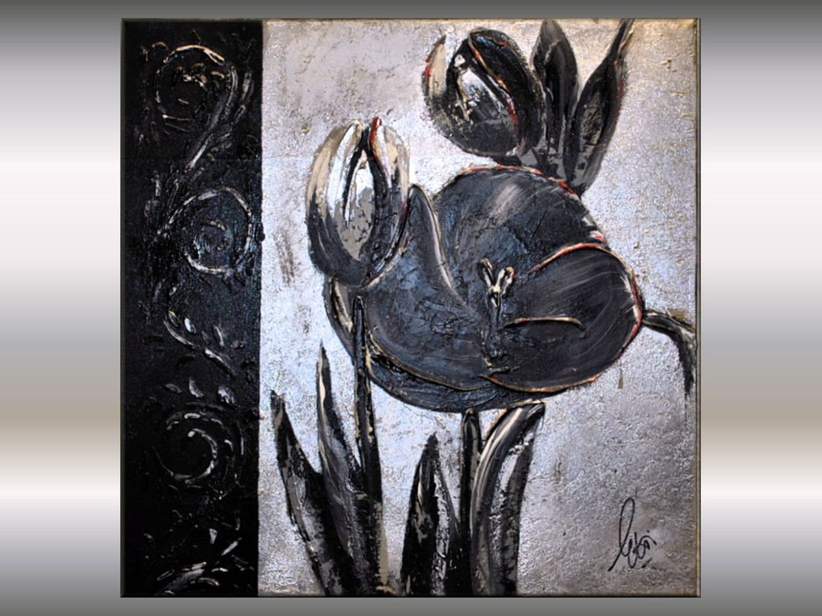Black Tulips - abstract acrylic painting deep textured black white silver ready to hang f... by Edelgard Schroer
