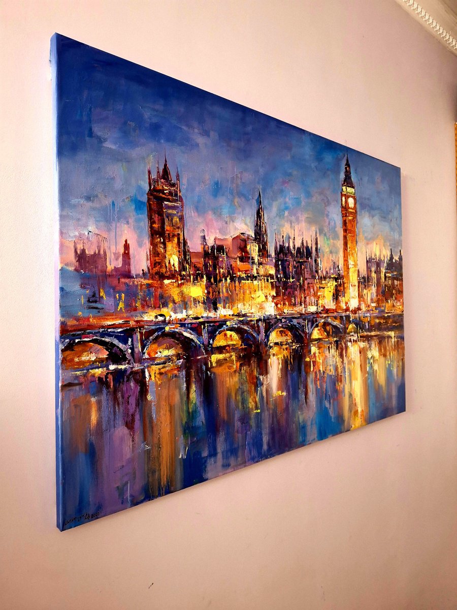 Abstract Cityscapes Oil Painting By Andrej Ostapchuk, 51 X 35, London Symphony Of Light, Original Artwork