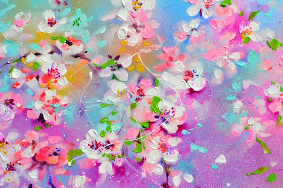 I've Dreamed 55 - Sakura Colorful Blossom - 150x60 cm, Palette Knife Modern Ready to Hang Floral Painting - Flowers Field Acrylics Painting