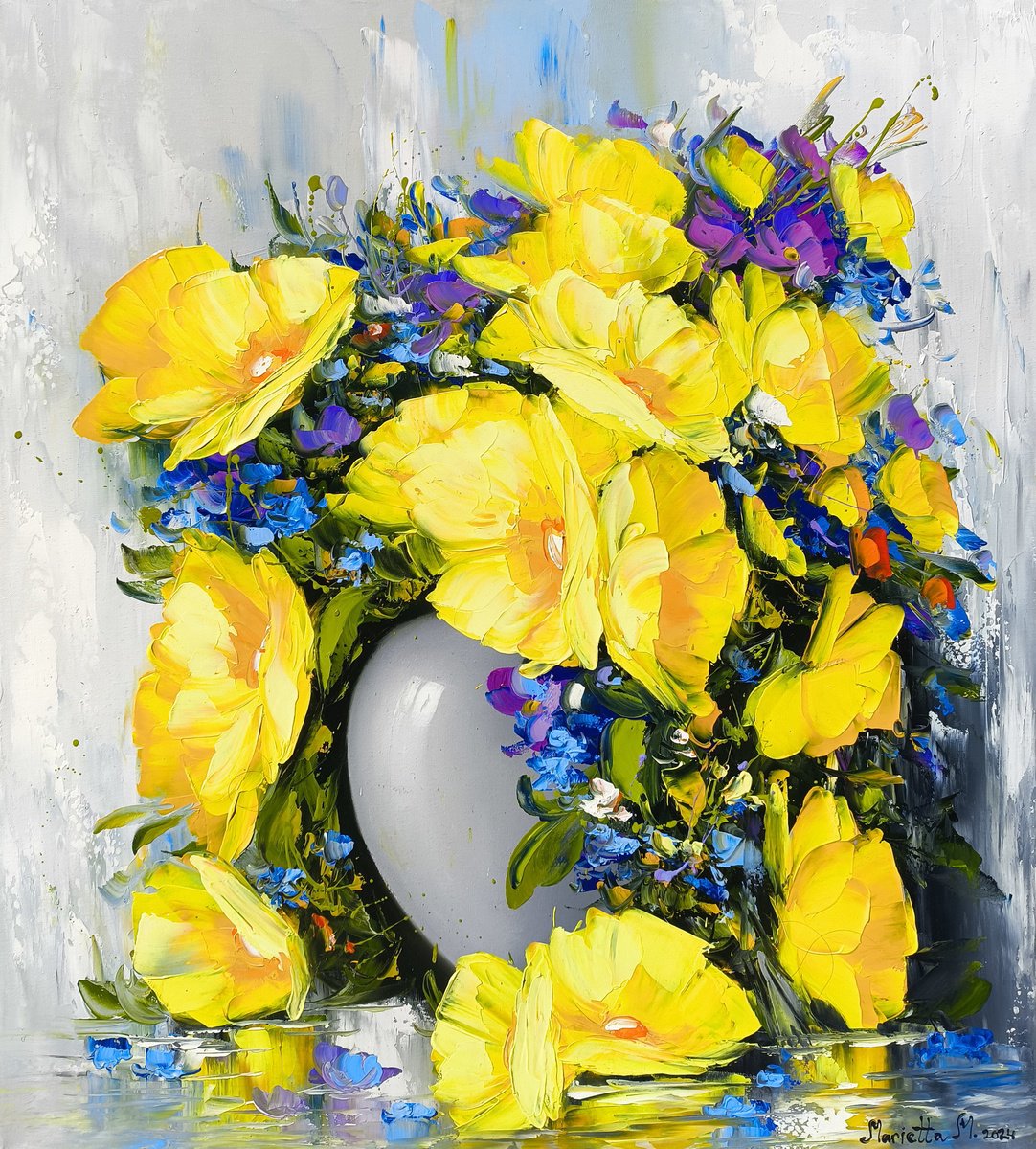 Impressionistic Botanical Oil Painting By Marieta Martirosyan, 24 X 28", Yellow Elegance, Original Artwork