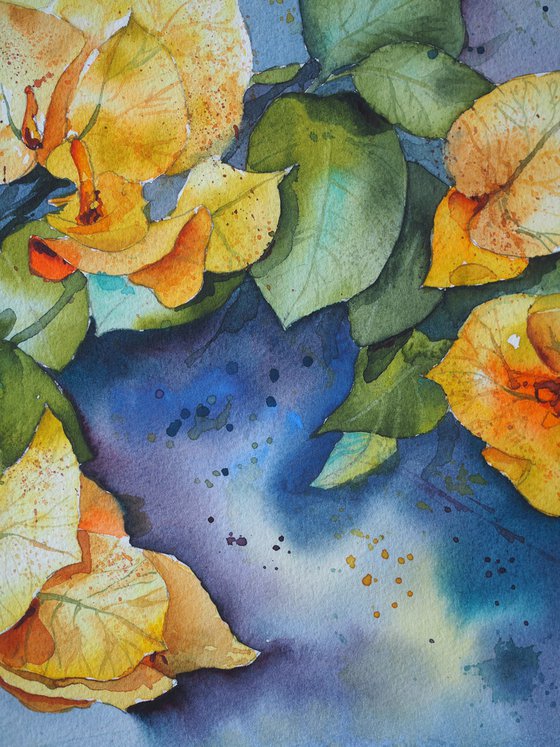 Branch of yellow bougainvillea - original watercolor expressive flowers