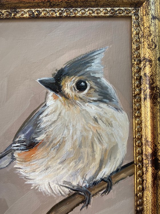 Titmouse Bird painting mini art framed 16x12cm cute mini art