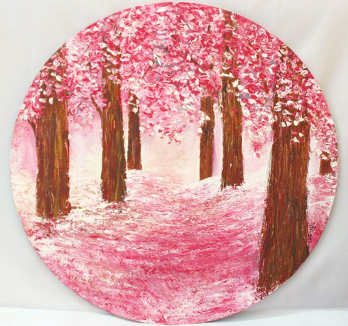The Pink Paradise - Cherry Blossom Trees , Impressionistic Acrylic Painting by Vikashini Palanisamy
