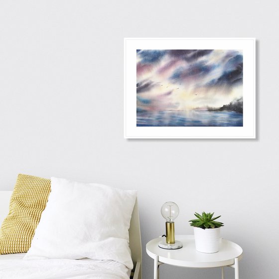 Seascape, thunder sky, clouds, sea, landscape watercolor painting