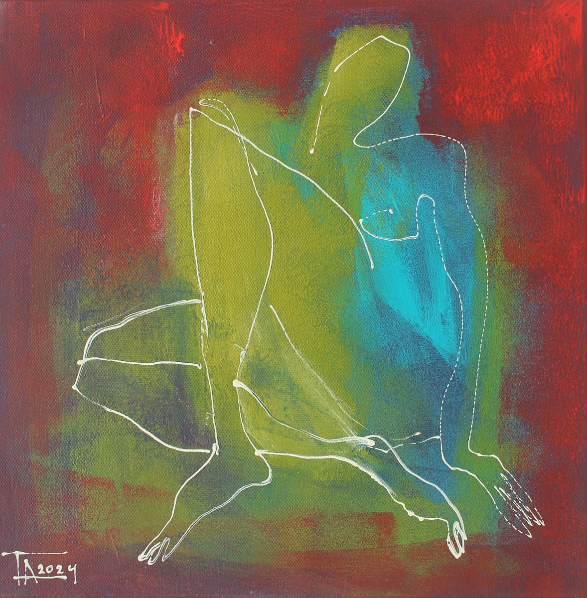 Expressive Portrait Acrylic Painting By Tatjana Auschew, 12 X 12", Seated Nude., Original Artwork