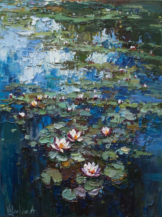 Water Lilies -Pond flowers  Impasto Original Oil painting