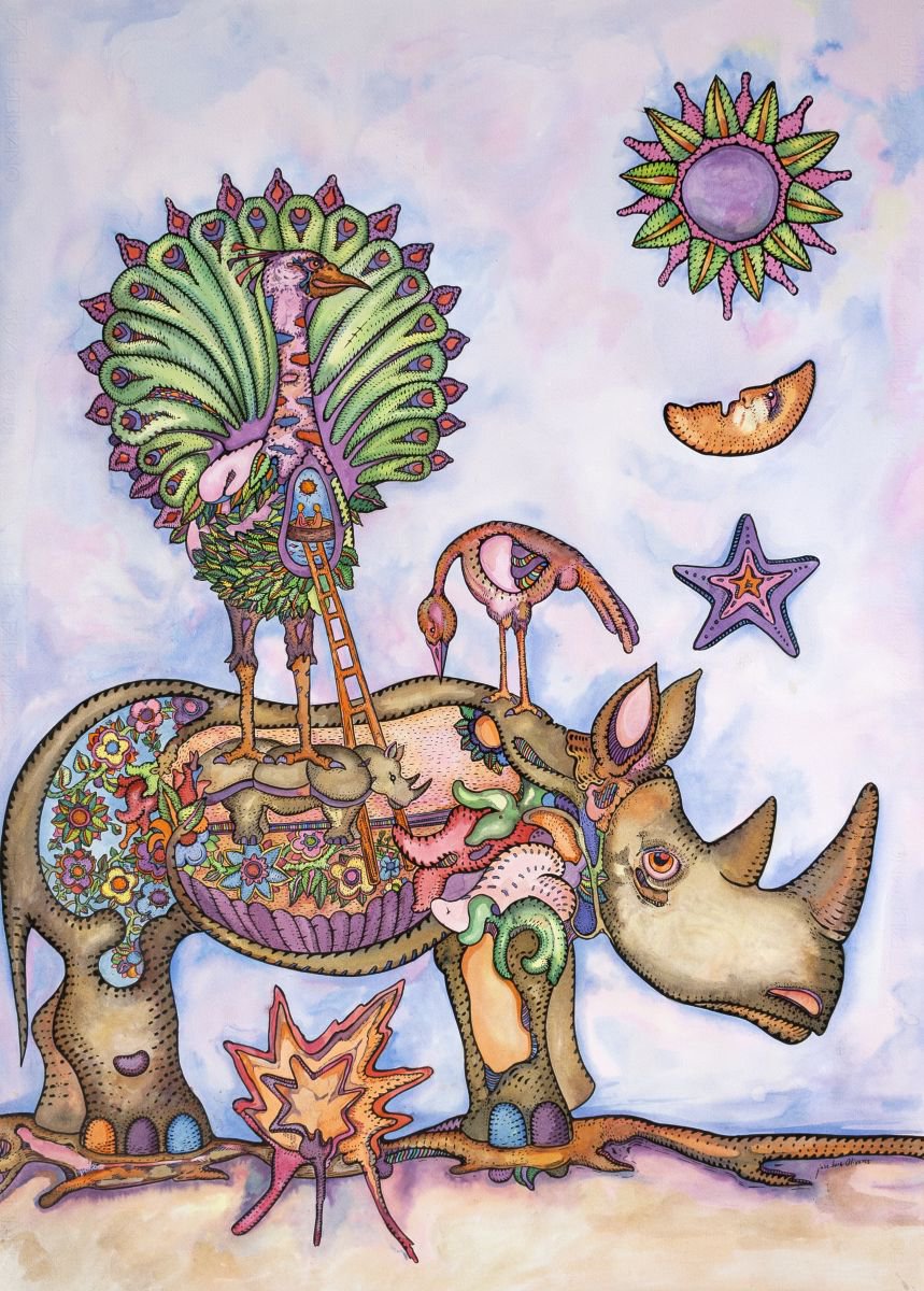 Rhinoceros and peacock by Jos Luis Olivares