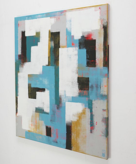 Vertical Abstract Painting: Untitled in Blue & Grey - 90x110 cm - Ronald Hunter - 2O