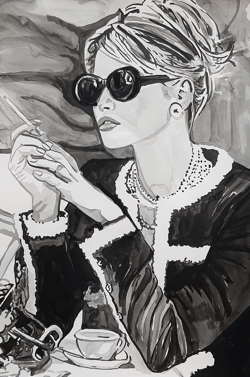 Urban And Pop Portrait Ink Drawing By Alexandra Djokic, 12 X 17, Morning Cafe, Original Artwork