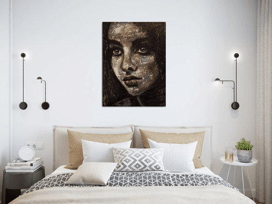 "Petite girl"Original acrylic painting on canvas and sack 60x80x2cm.