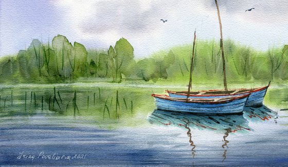 Sailing boats on a river original watercolor artwork , farmhouse decor, cloudy landscape