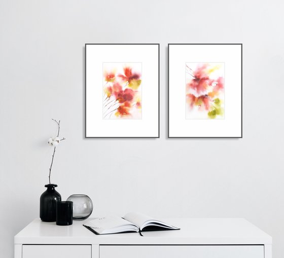 Red abstract flowers, floral set of 2