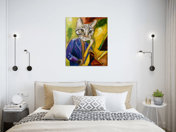 Cat  Saxophonist, musician, feline art for cat lovers