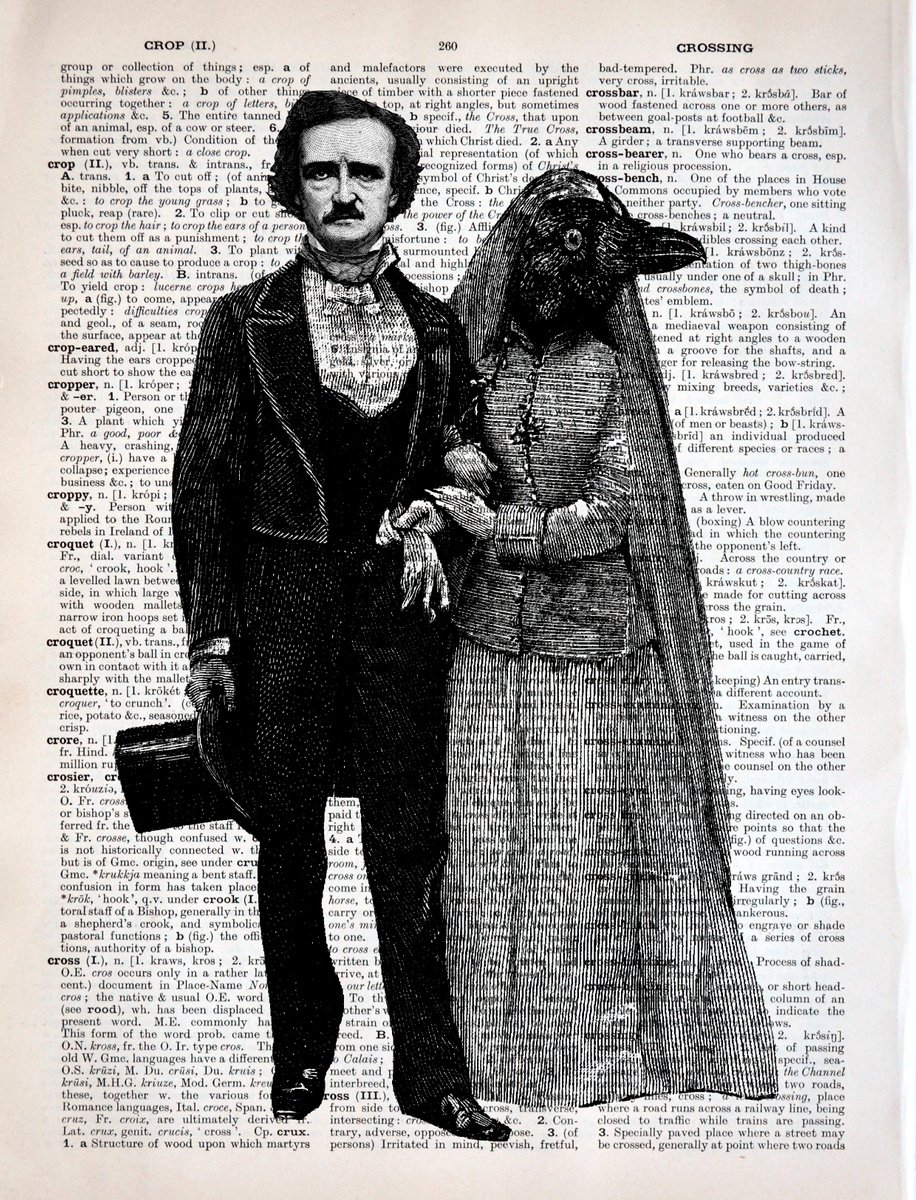 Edgar Allan Poe And Lady Raven - Collage Art Print on Large Real English Dictionary Vintag... by Jakub DK - JAKUB D KRZEWNIAK