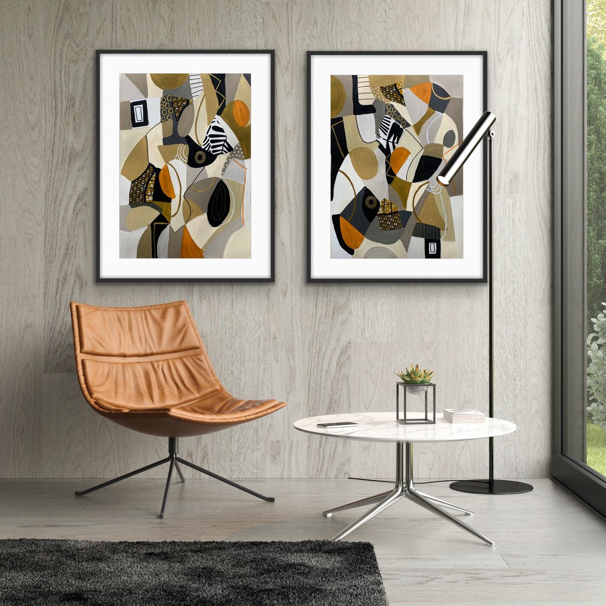 Organic Abstract Acrylic Painting By Rashna Hackett, 20 X 27", Golden Expression (Diptych), Original Artwork