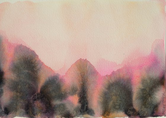 "Forest in the pink morning" - small size Affordable art original watercolor landscape Winter Ideal gift Christmas