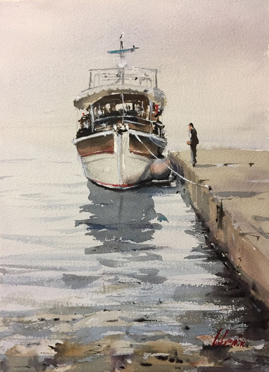 Impressionistic Landscape Watercolour By Tihomir Cirkvencic, 10 X 14", Man And A Boat, Original Artwork