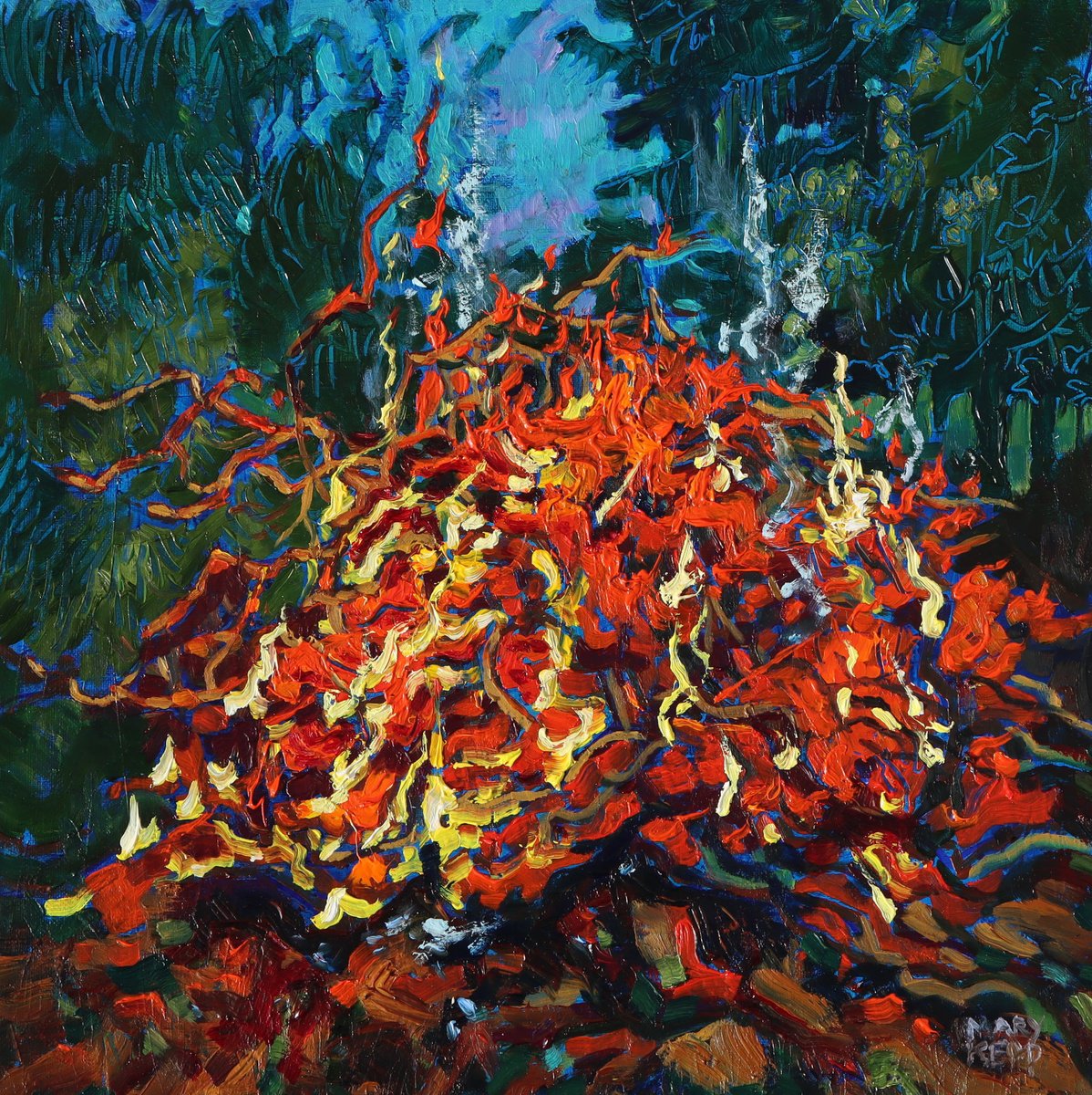 Impressionistic Landscape Oil Painting By Mary Kemp, 12 X 12", Bigger Fires, Original Artwork