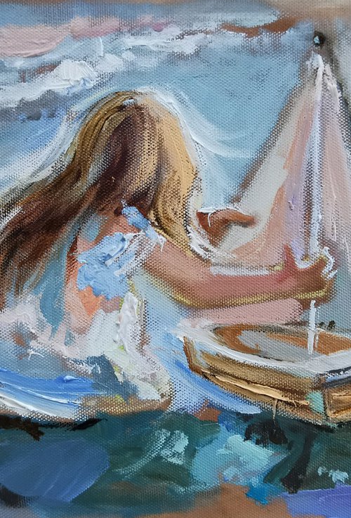 Miniature sea painting, maritime atmosphere on an oil canvas by Annet Loginova