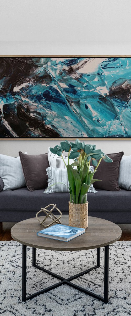 Sorrento Teal 200cm x 80cm Teal Black White Textured Abstract Art by Franko