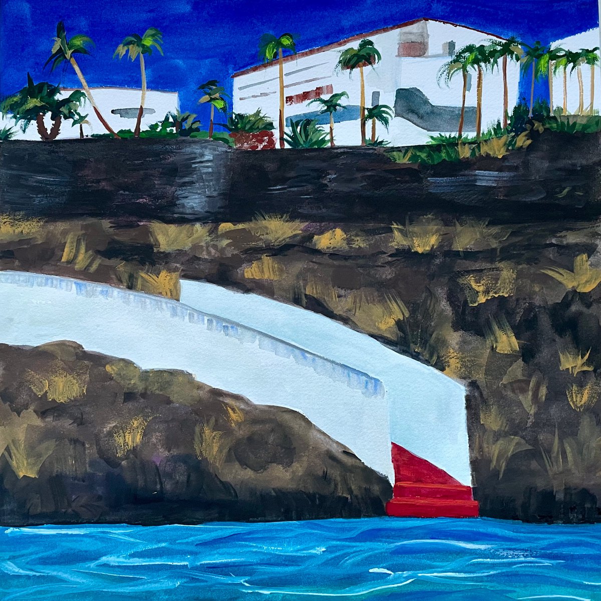 Ocean Gouache Painting, Coastal Landscape Original Painting, Spain Seascape Wall Art by Kate Grishakova