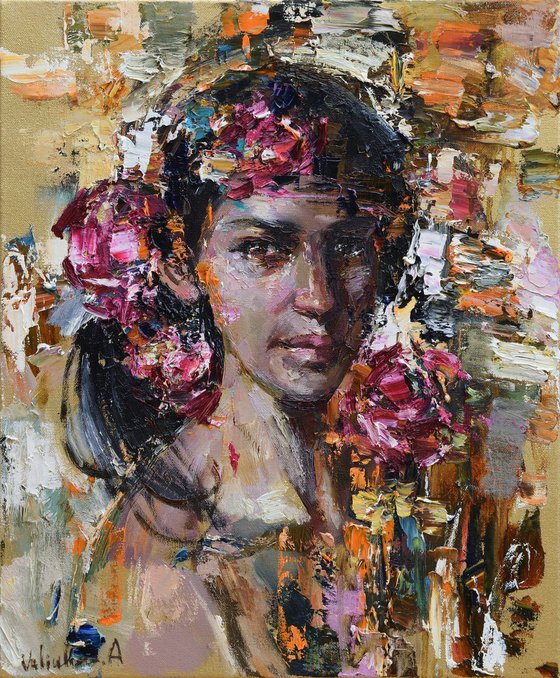 Abstract girl with flowers - Original oil portrait painting