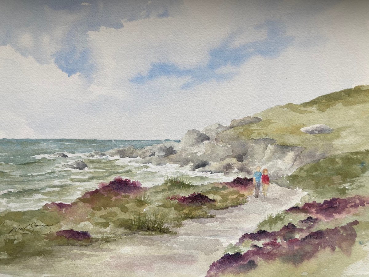 Impressionistic Landscape Watercolour By Noel Sawyer, 15 X 11", Walking Along Pembrokeshire Coast Path, Original Artwork