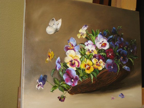 Violas in a rustic basket