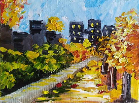 City, original small imprissionistic oil art, autumn scene, Gift idea