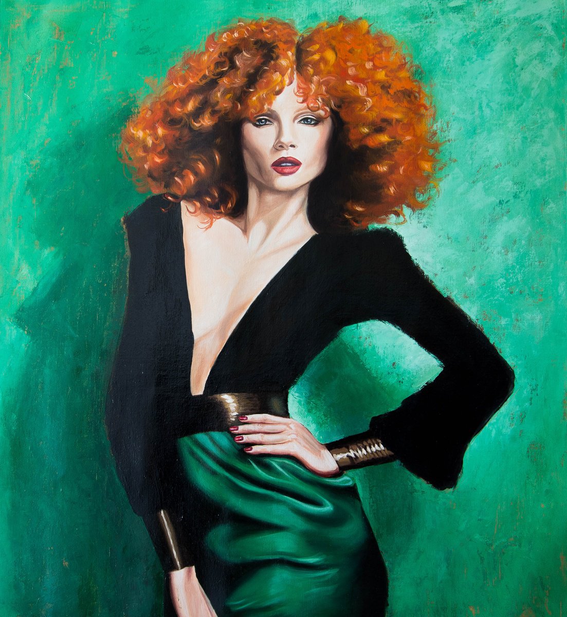 Photorealistic Portrait Oil Painting By Inna Medvedeva, 34 X 38, Redhead On Green, Original Artwork