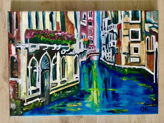 VENICE CANAL BRIDGE. PALETTE KNIFE OIL PAINTING. OFFICE URBAN WALL ART