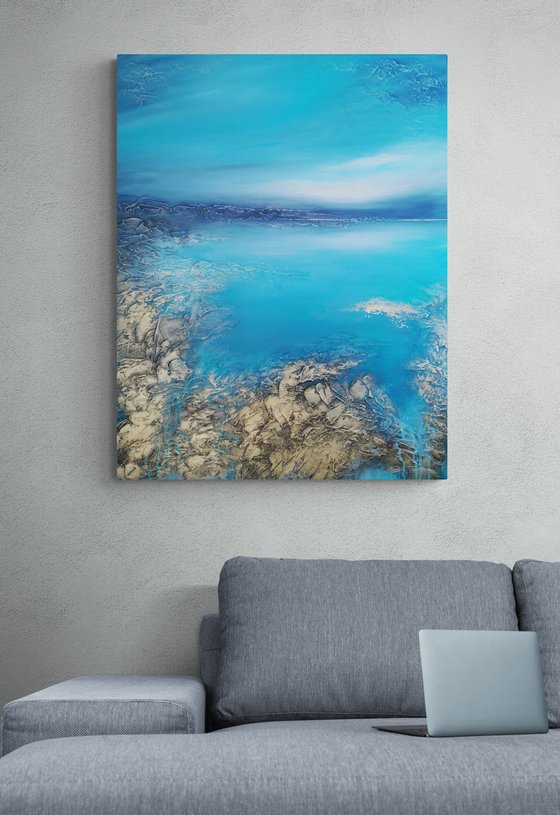 A XL large original modern semi-abstract painting "Blue Lagoon"